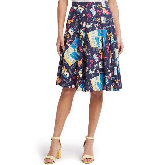 MODCLOTH Line Just This Sway Blue Vacation Travel Postcard Print Flare Skirt XL - Picture 2 of 8